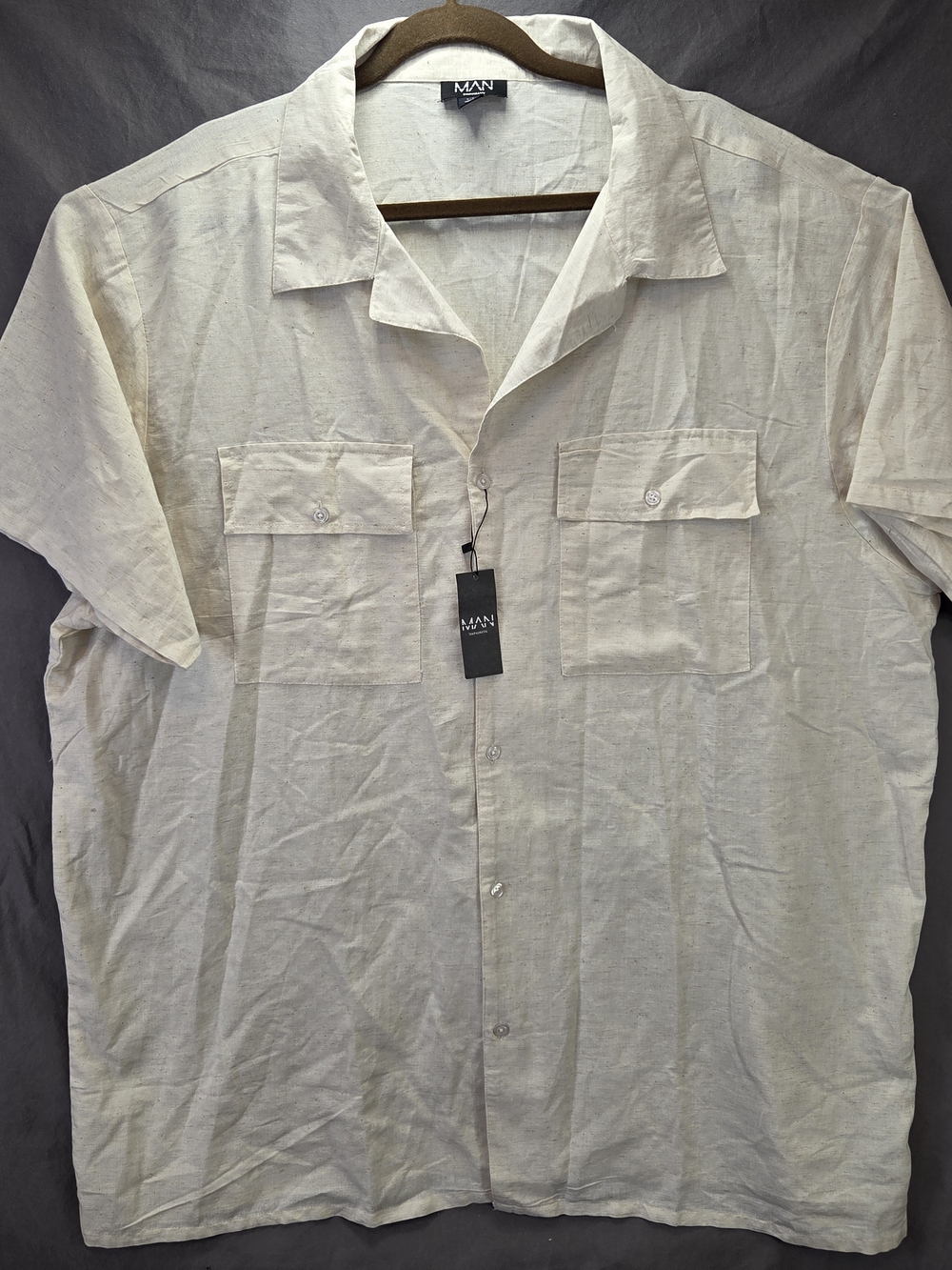 NWT boohooMAN Mens 5XL Short Sleeve Camp Collar Shirt Linen Look Oatmeal Beige
